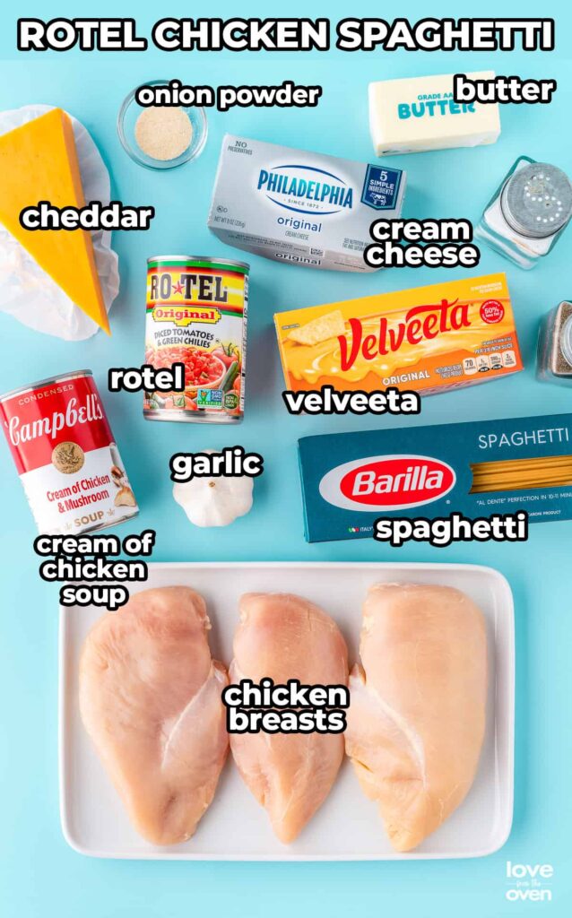 liste of ingrediatns to make Rotel Chicken Spaghetti