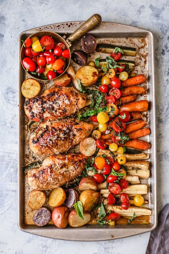 Sheet Pan Bruschetta Chicken: Succulent chicken, crispy potatoes, vibrant bruschetta. A taste of Italy, perfect for any mealtime gathering